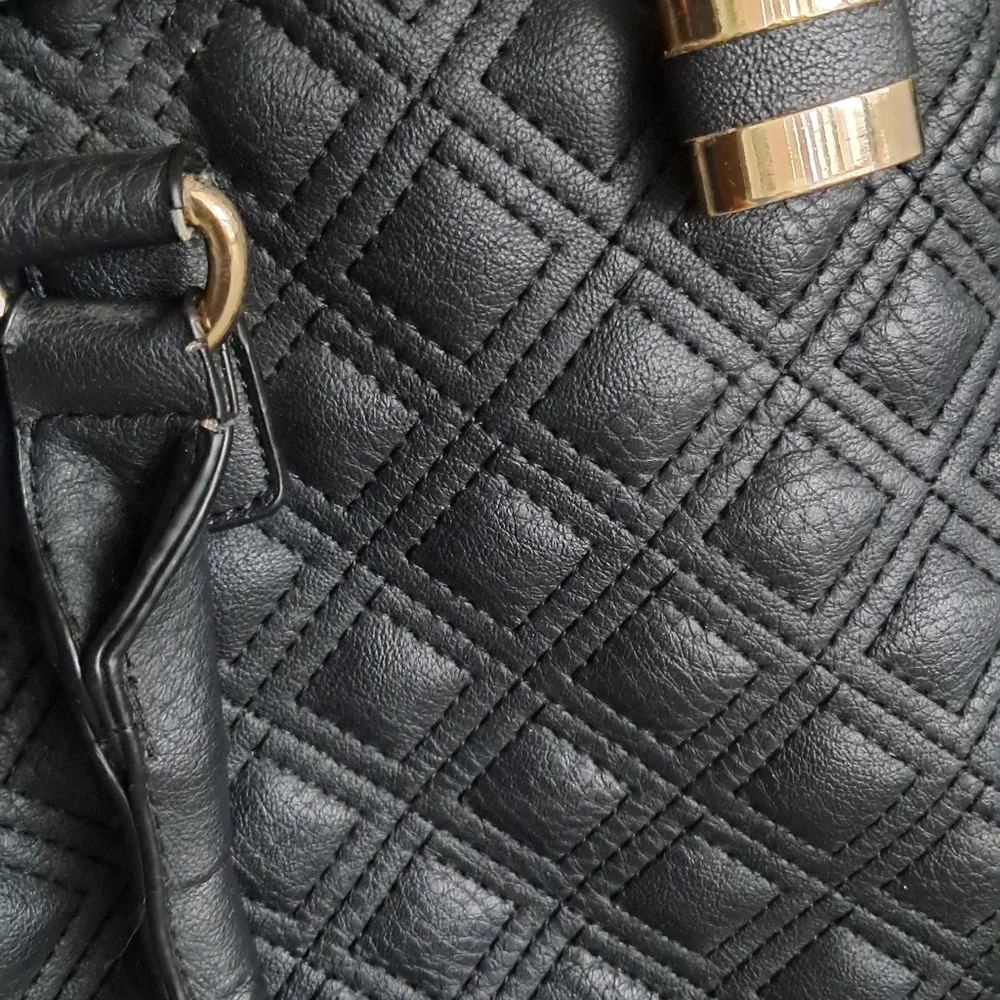 Black Quilted Handbag with Gold Accents
